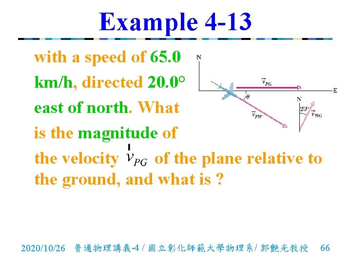 Example 4 -13 with a speed of 65. 0 km/h, directed 20. 0° east