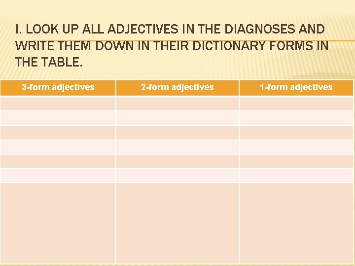 I. LOOK UP ALL ADJECTIVES IN THE DIAGNOSES AND WRITE THEM DOWN IN THEIR I. LOOK UP ALL ADJECTIVES IN THE DIAGNOSES AND WRITE THEM DOWN IN THEIR