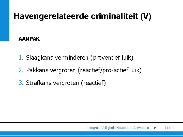 Havengerelateerde criminaliteit (V) AANPAK 1. Slaagkans verminderen (preventief luik) 2. Pakkans vergroten (reactief/pro-actief luik)