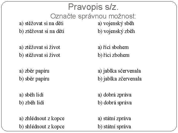 Pravopis s/z. Označte správnou možnost: a) stěžovat si na děti b) ztěžovat si na