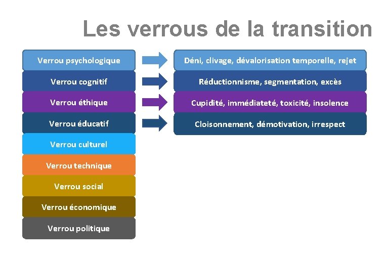 Les verrous de la transition Verrou psychologique Déni, clivage, dévalorisation temporelle, rejet Verrou cognitif