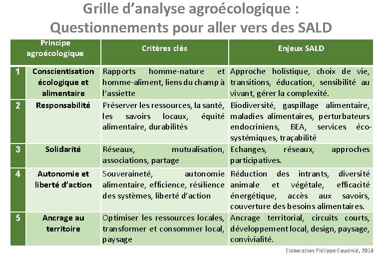 Grille d’analyse agroécologique : Questionnements pour aller vers des SALD Principe agroécologique 2 Conscientisation