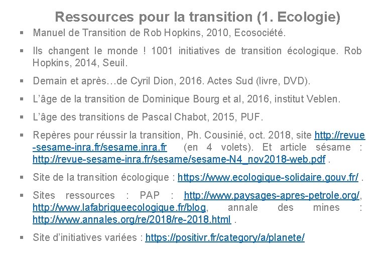 Ressources pour la transition (1. Ecologie) § Manuel de Transition de Rob Hopkins, 2010,