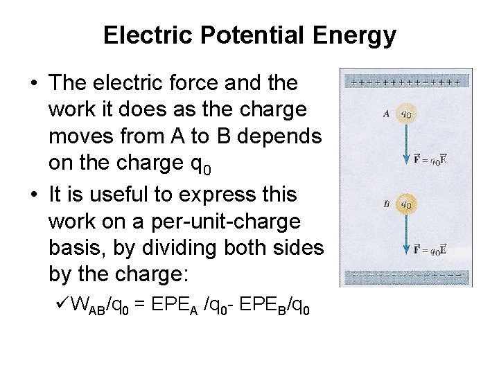 Electric Potential Energy • The electric force and the work it does as the