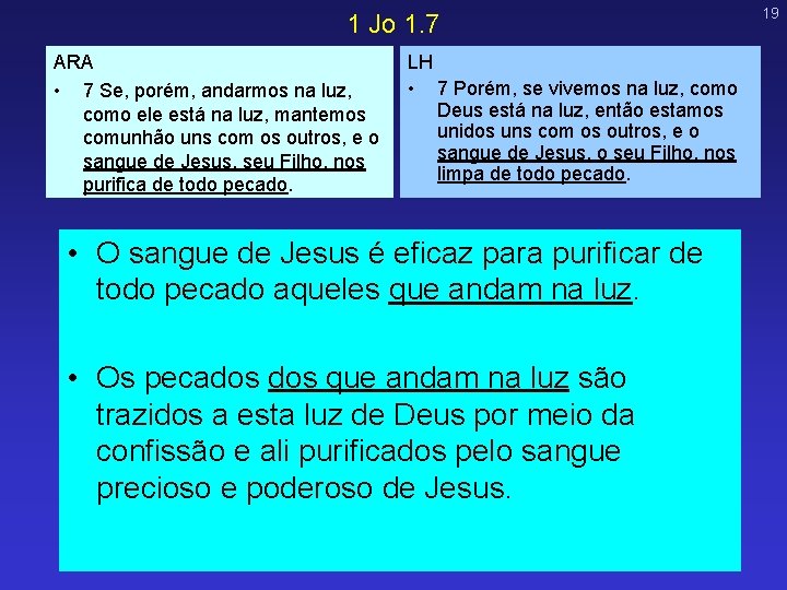 1 Jo 1. 7 ARA • 7 Se, porém, andarmos na luz, como ele 1 Jo 1. 7 ARA • 7 Se, porém, andarmos na luz, como ele