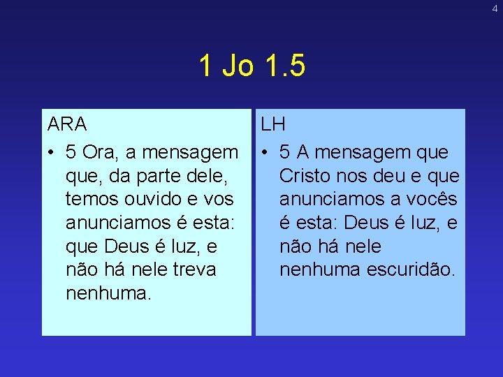 4 1 Jo 1. 5 ARA • 5 Ora, a mensagem que, da parte 4 1 Jo 1. 5 ARA • 5 Ora, a mensagem que, da parte