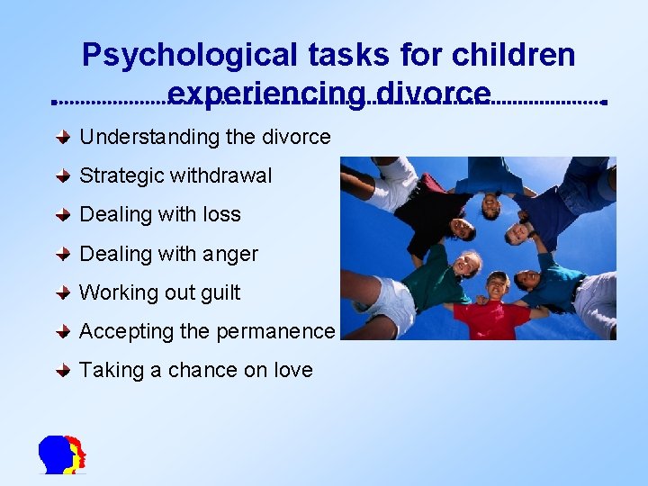 Psychological tasks for children experiencing divorce Understanding the divorce Strategic withdrawal Dealing with loss