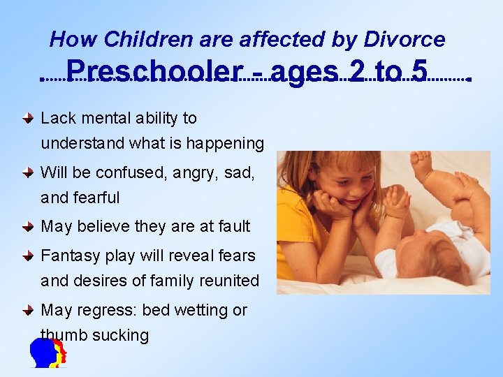 How Children are affected by Divorce Preschooler - ages 2 to 5 Lack mental