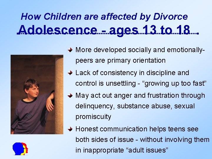 How Children are affected by Divorce Adolescence - ages 13 to 18 More developed