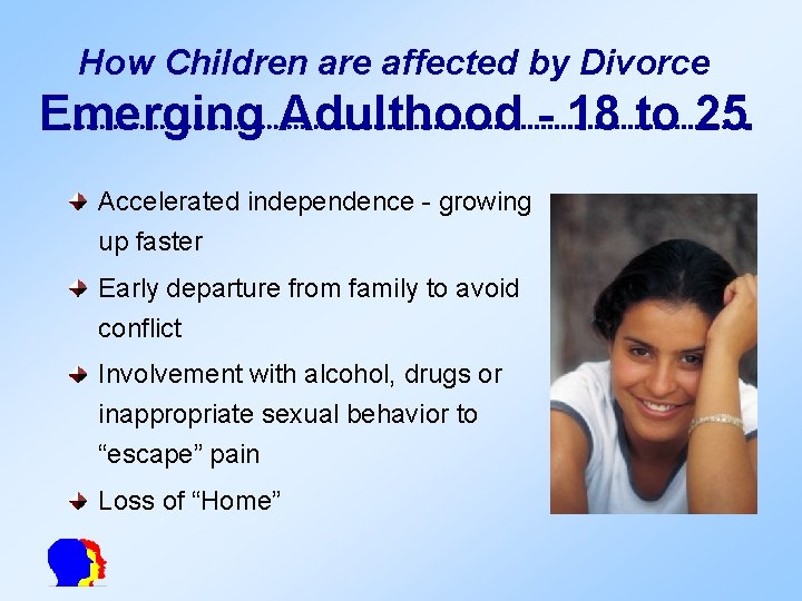 How Children are affected by Divorce Emerging Adulthood - 18 to 25 Accelerated independence