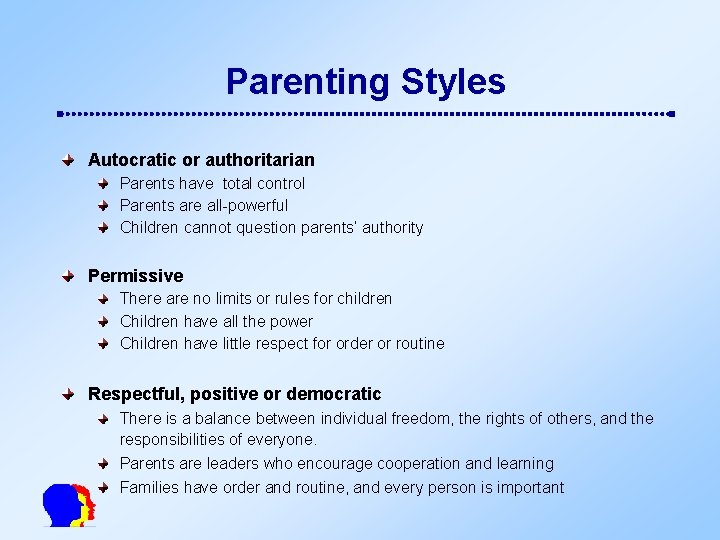 Parenting Styles Autocratic or authoritarian Parents have total control Parents are all-powerful Children cannot