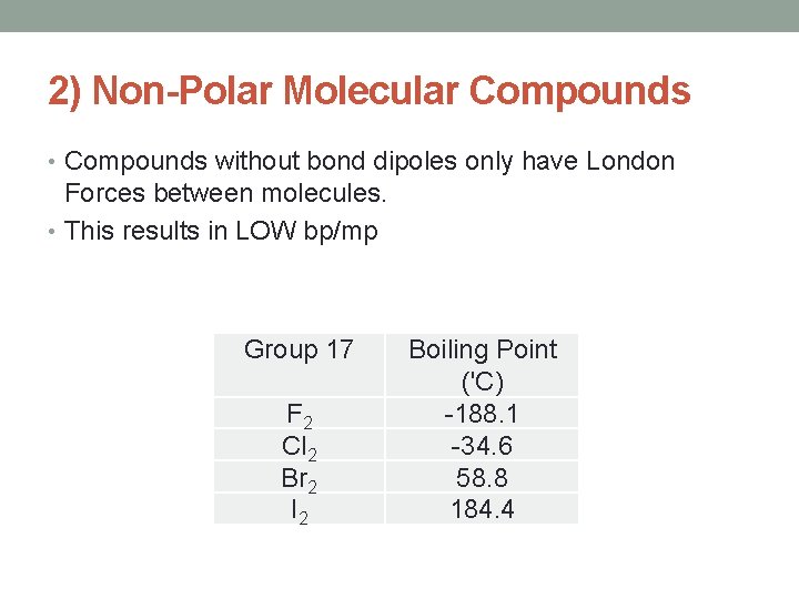 2) Non-Polar Molecular Compounds • Compounds without bond dipoles only have London Forces between