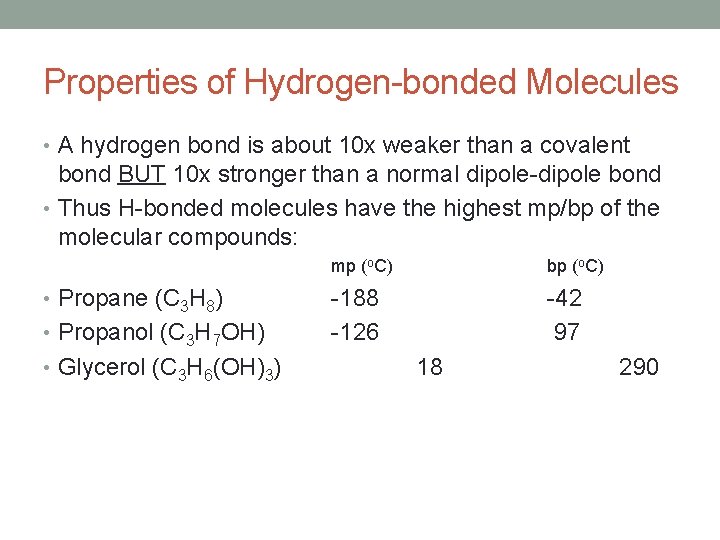 Properties of Hydrogen-bonded Molecules • A hydrogen bond is about 10 x weaker than
