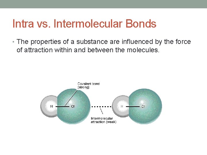 Intra vs. Intermolecular Bonds • The properties of a substance are influenced by the