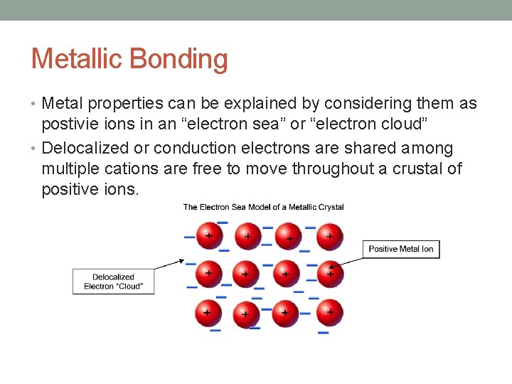 Metallic Bonding • Metal properties can be explained by considering them as postivie ions