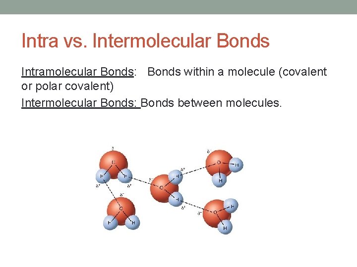 Intra vs. Intermolecular Bonds Intramolecular Bonds: Bonds within a molecule (covalent or polar covalent)