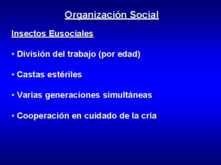 Organización Social Insectos Eusociales • División del trabajo (por edad) • Castas estériles • Organización Social Insectos Eusociales • División del trabajo (por edad) • Castas estériles •