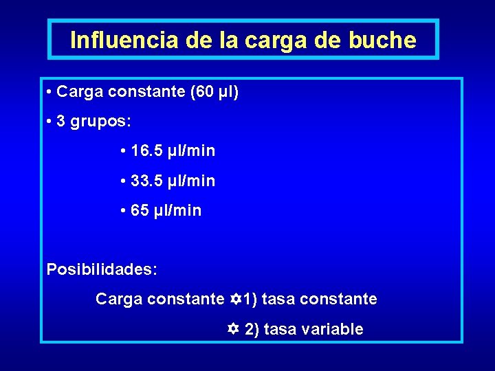 Influencia de la carga de buche • Carga constante (60 µl) • 3 grupos: Influencia de la carga de buche • Carga constante (60 µl) • 3 grupos: