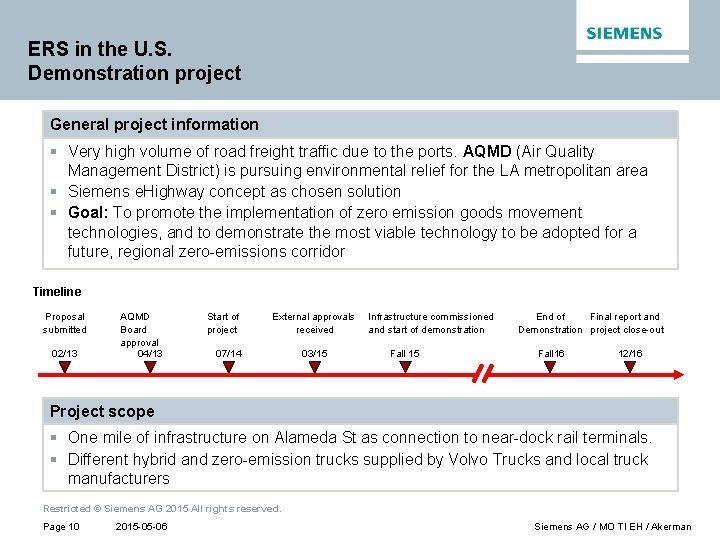 ERS in the U. S. Demonstration project General project information § Very high volume