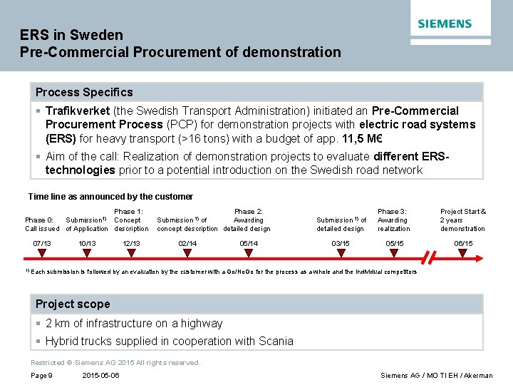 ERS in Sweden Pre-Commercial Procurement of demonstration Process Specifics § Trafikverket (the Swedish Transport