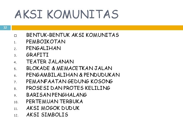 AKSI KOMUNITAS 32 1. 2. 3. 4. 5. 6. 7. 8. 9. 10. 11.