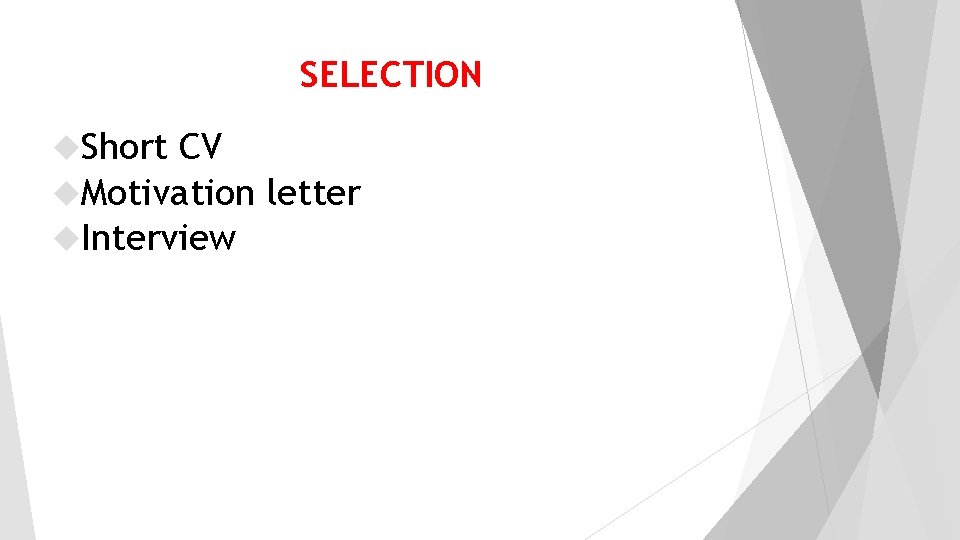 SELECTION Short CV Motivation letter Interview 