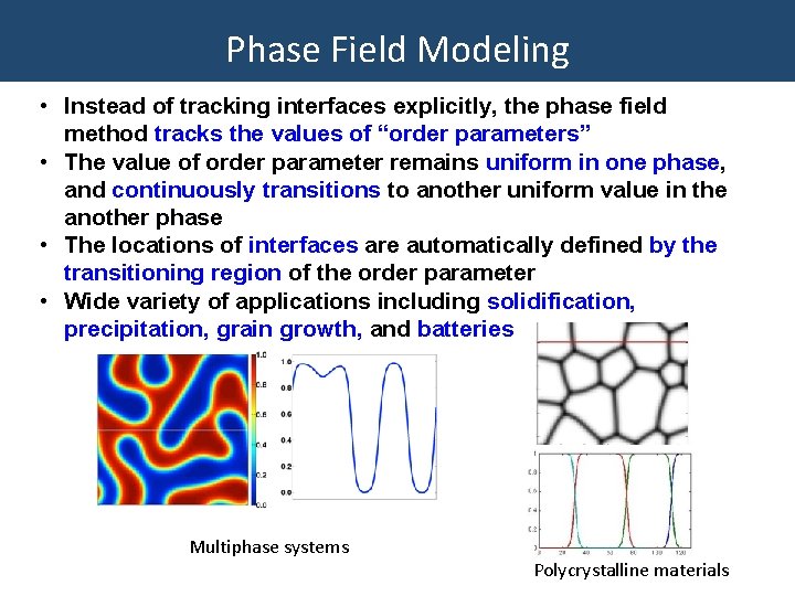 Phase Field Modeling • Instead of tracking interfaces explicitly, the phase field method tracks