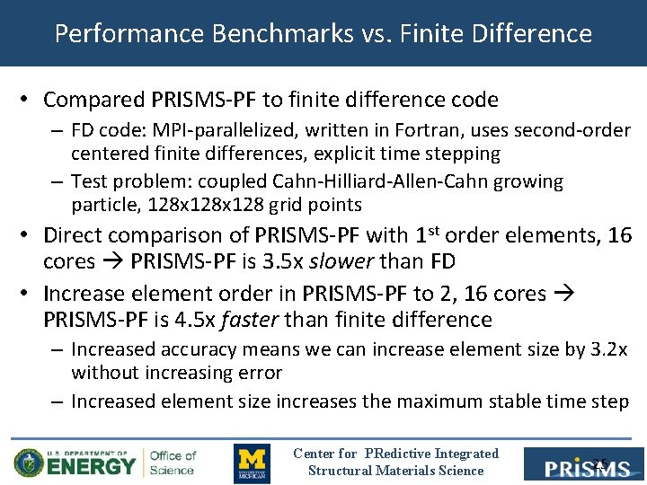 Performance Benchmarks vs. Finite Difference • Compared PRISMS-PF to finite difference code – FD