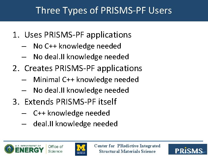 Three Types of PRISMS-PF Users 1. Uses PRISMS-PF applications – No C++ knowledge needed