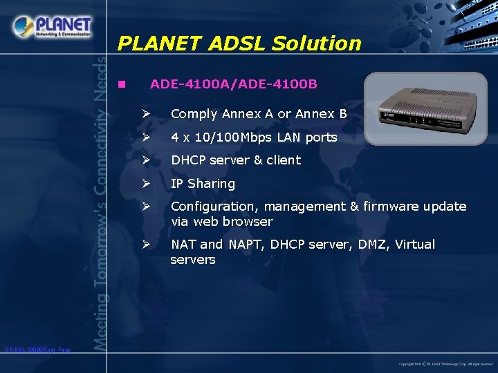 PLANET ADSL Solution n SG-DSL-030905. ppt Page ADE-4100 A/ADE-4100 B Ø Comply Annex A