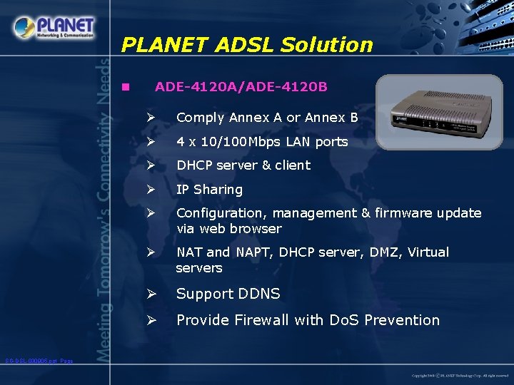 PLANET ADSL Solution n SG-DSL-030905. ppt Page ADE-4120 A/ADE-4120 B Ø Comply Annex A