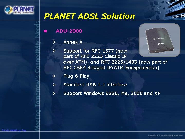 PLANET ADSL Solution n SG-DSL-030905. ppt Page ADU-2000 Ø Annex A Ø Support for