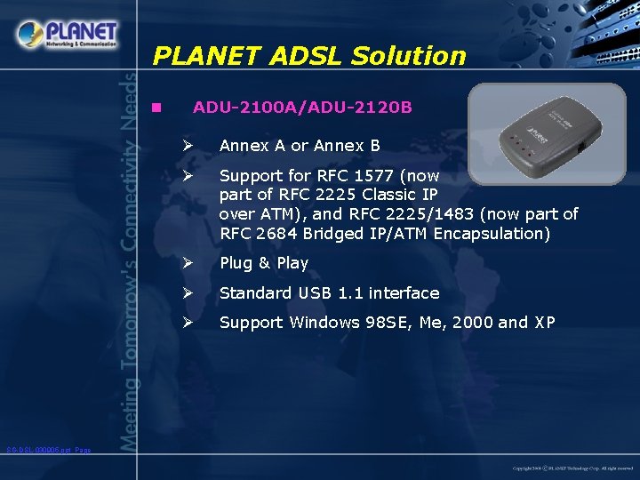 PLANET ADSL Solution n SG-DSL-030905. ppt Page ADU-2100 A/ADU-2120 B Ø Annex A or