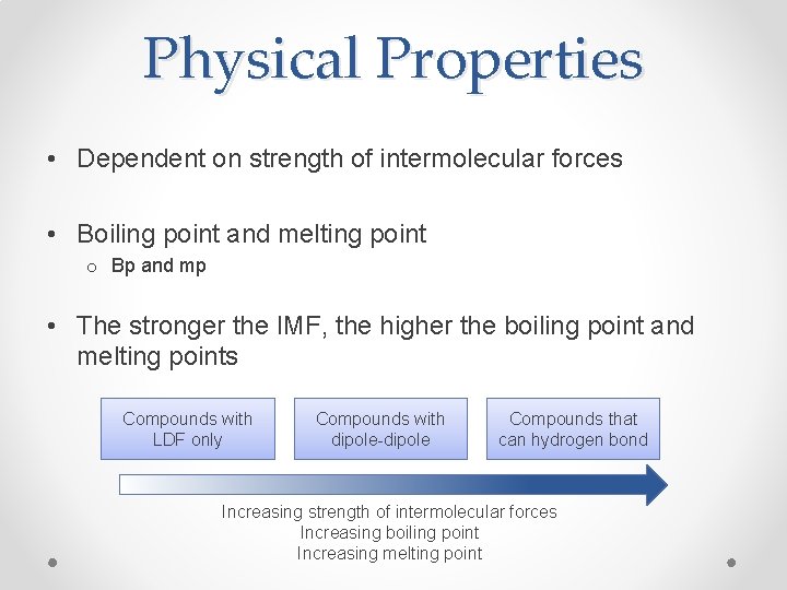 Physical Properties • Dependent on strength of intermolecular forces • Boiling point and melting