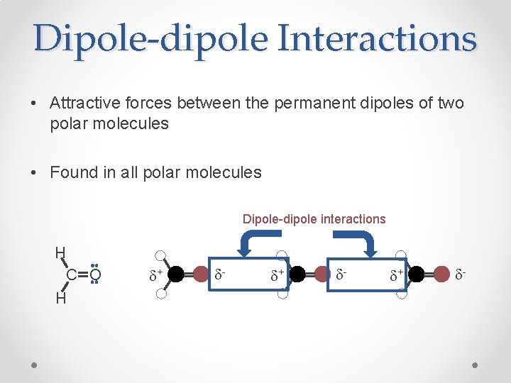 Dipole-dipole Interactions • Attractive forces between the permanent dipoles of two polar molecules •