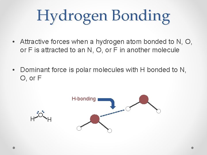 Hydrogen Bonding • Attractive forces when a hydrogen atom bonded to N, O, or