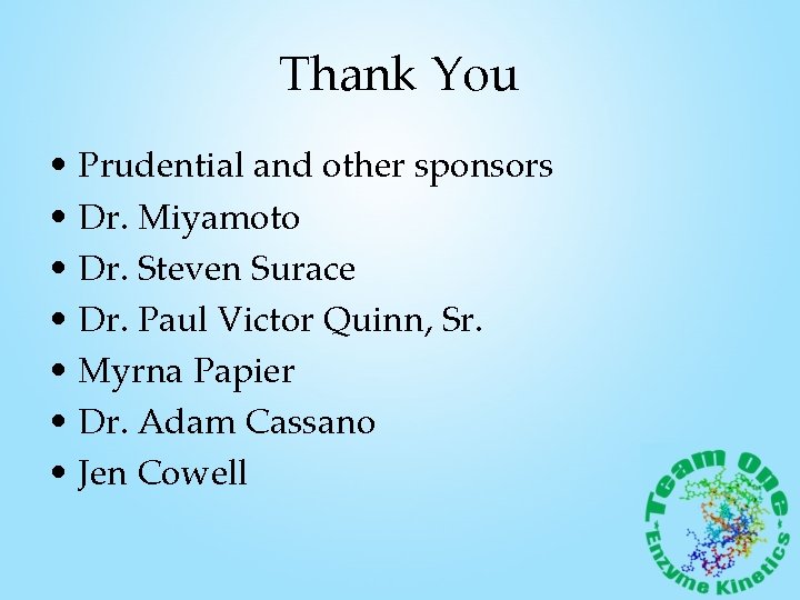Thank You • Prudential and other sponsors • Dr. Miyamoto • Dr. Steven Surace