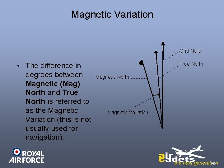 Magnetic Variation Grid North • The difference in degrees between Magnetic (Mag) North and