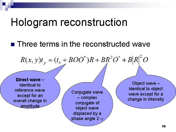 Hologram reconstruction n Three terms in the reconstructed wave Direct wave – identical to