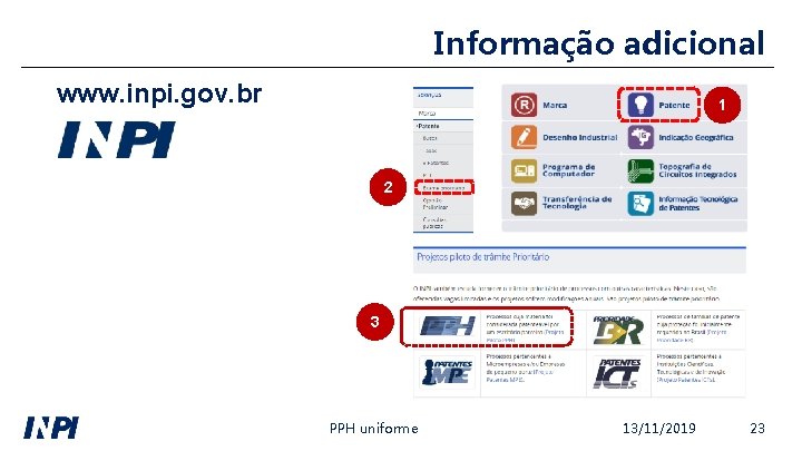 Informação adicional www. inpi. gov. br 1 2 3 PPH uniforme 13/11/2019 23 