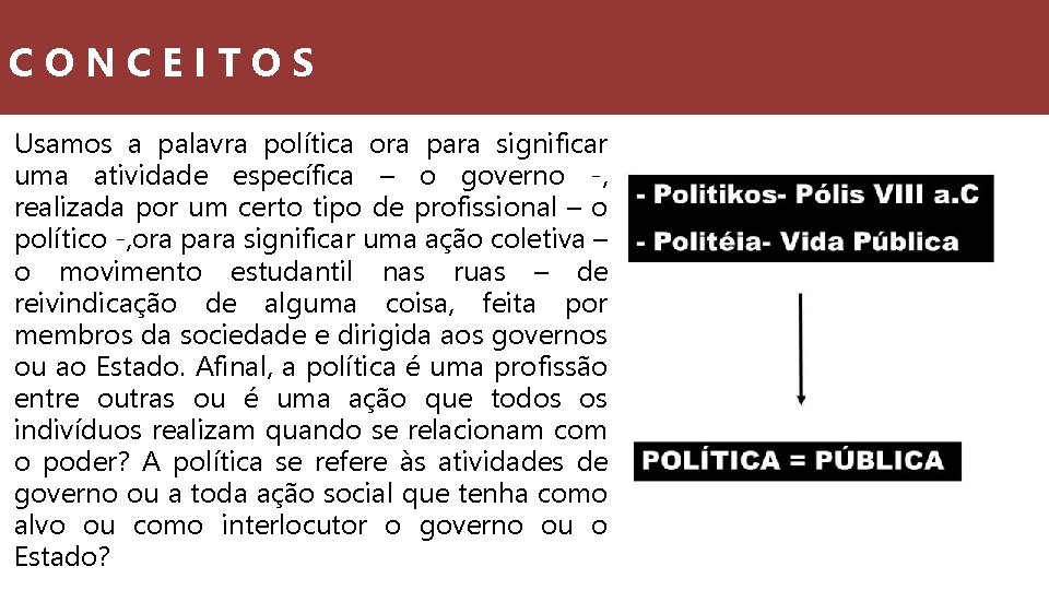 CONCEITOS Usamos a palavra política ora para significar uma atividade específica – o governo