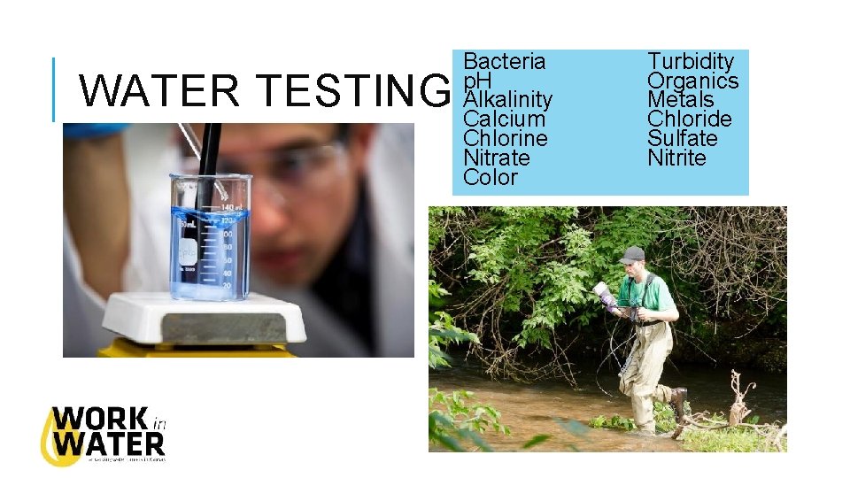 WATER TESTING Bacteria p. H Alkalinity Calcium Chlorine Nitrate Color Turbidity Organics Metals Chloride WATER TESTING Bacteria p. H Alkalinity Calcium Chlorine Nitrate Color Turbidity Organics Metals Chloride