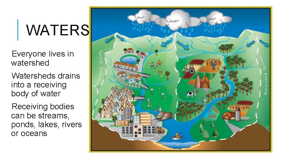 WATERSHEDS Everyone lives in watershed Watersheds drains into a receiving body of water Receiving WATERSHEDS Everyone lives in watershed Watersheds drains into a receiving body of water Receiving