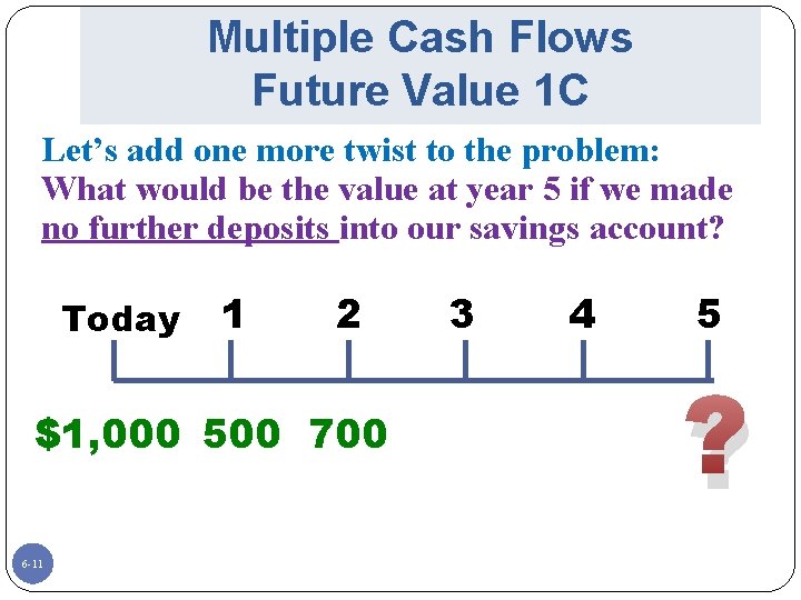 Multiple Cash Flows Future Value 1 C Let’s add one more twist to the