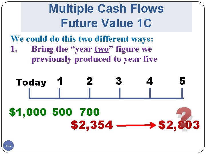 Multiple Cash Flows Future Value 1 C We could do this two different ways:
