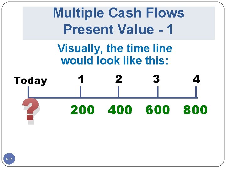 Multiple Cash Flows Present Value - 1 Visually, the time line would look like