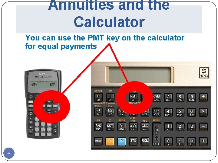 Annuities and the Calculator You can use the PMT key on the calculator for