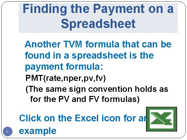 Finding the Payment on a Spreadsheet Another TVM formula that can be found in