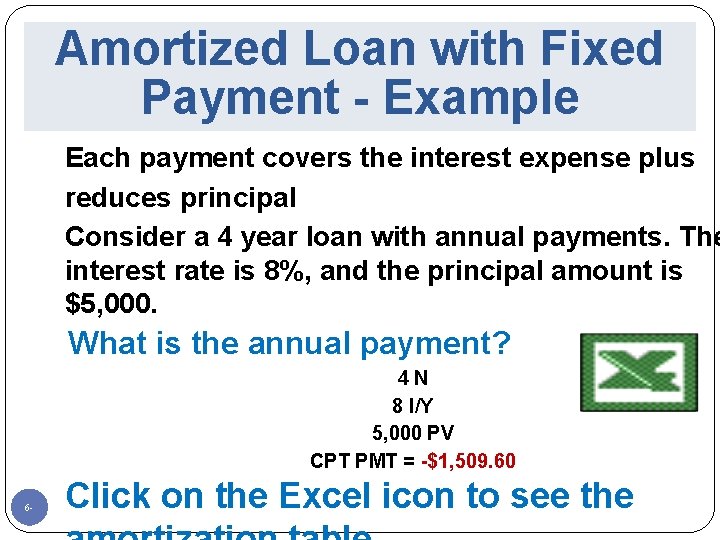 Amortized Loan with Fixed Payment - Example Each payment covers the interest expense plus