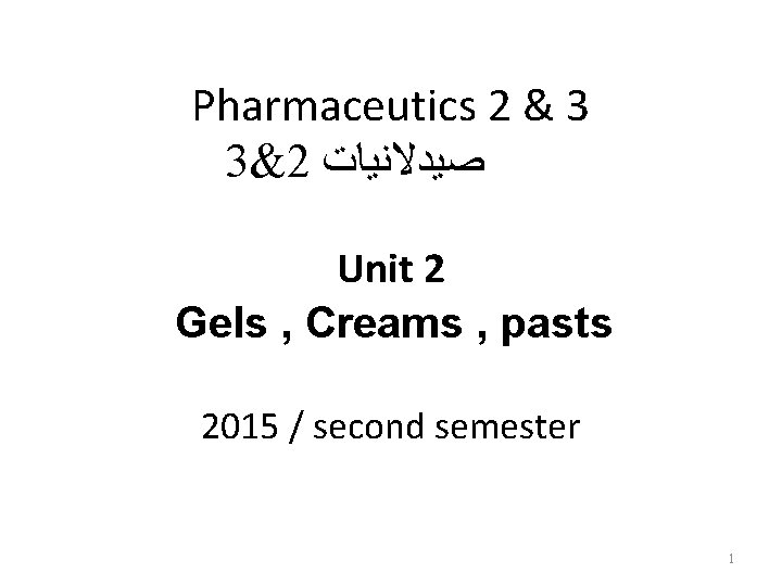 Pharmaceutics 2 & 3 3&2 ﺻﻴﺪﻻﻧﻴﺎﺕ Unit 2 Gels , Creams , pasts 2015